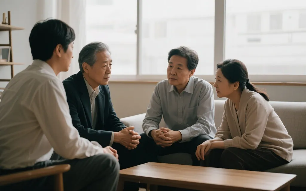 家庭成员围坐商讨,气氛严肃